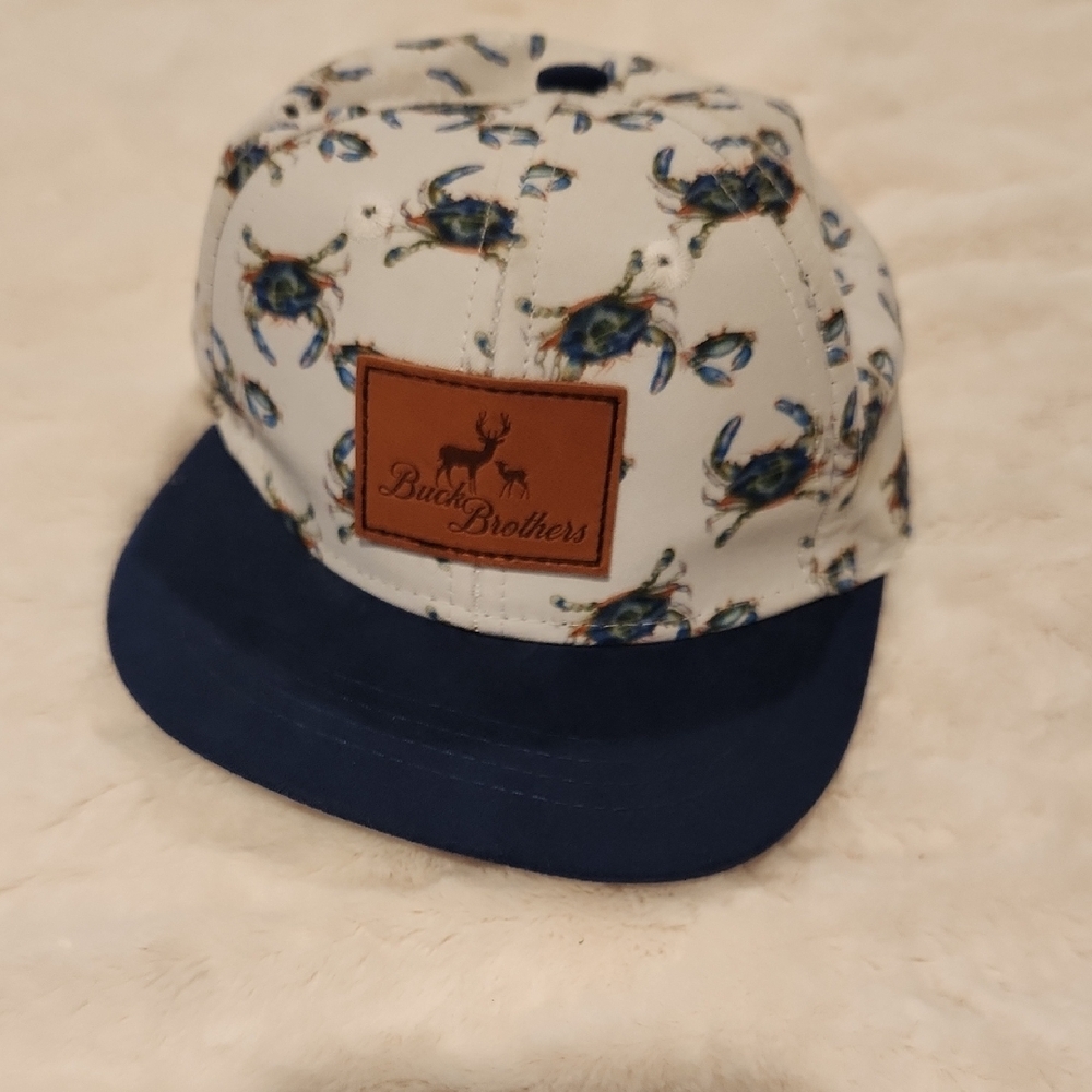 White and Blue Snapback Hat with Leather Patch